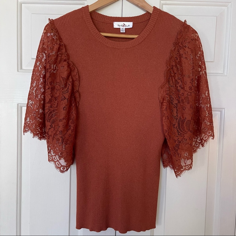 Perfectly Priscilla Plus Size Ribbed Tank w/ Lace Sleeves